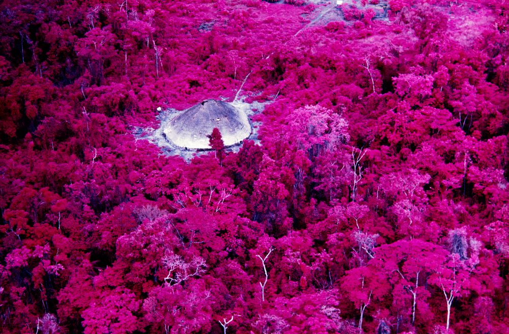 Claudia Andujar, Collective house near the Catholic mission on the Catrimani River, Roraima state, 1976. Mineral pigment print, from infrared film. (68.5 x 102.5 cm). Instituto Moreira Salles Collection 